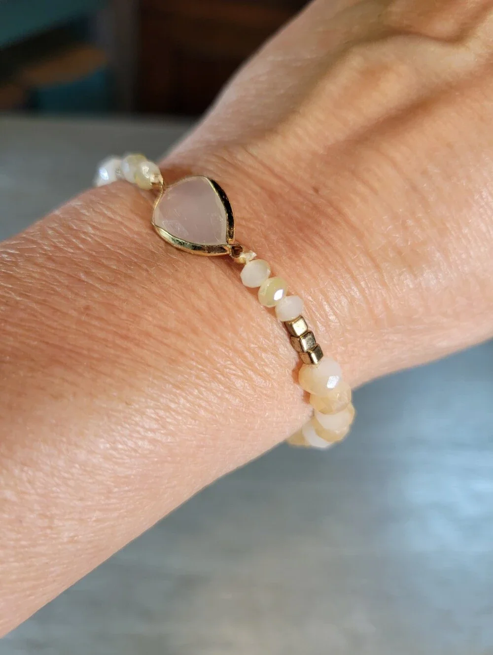 Handmade Peach & White Opal Glass Beaded Stretch Bracelet - One Size Fits Most